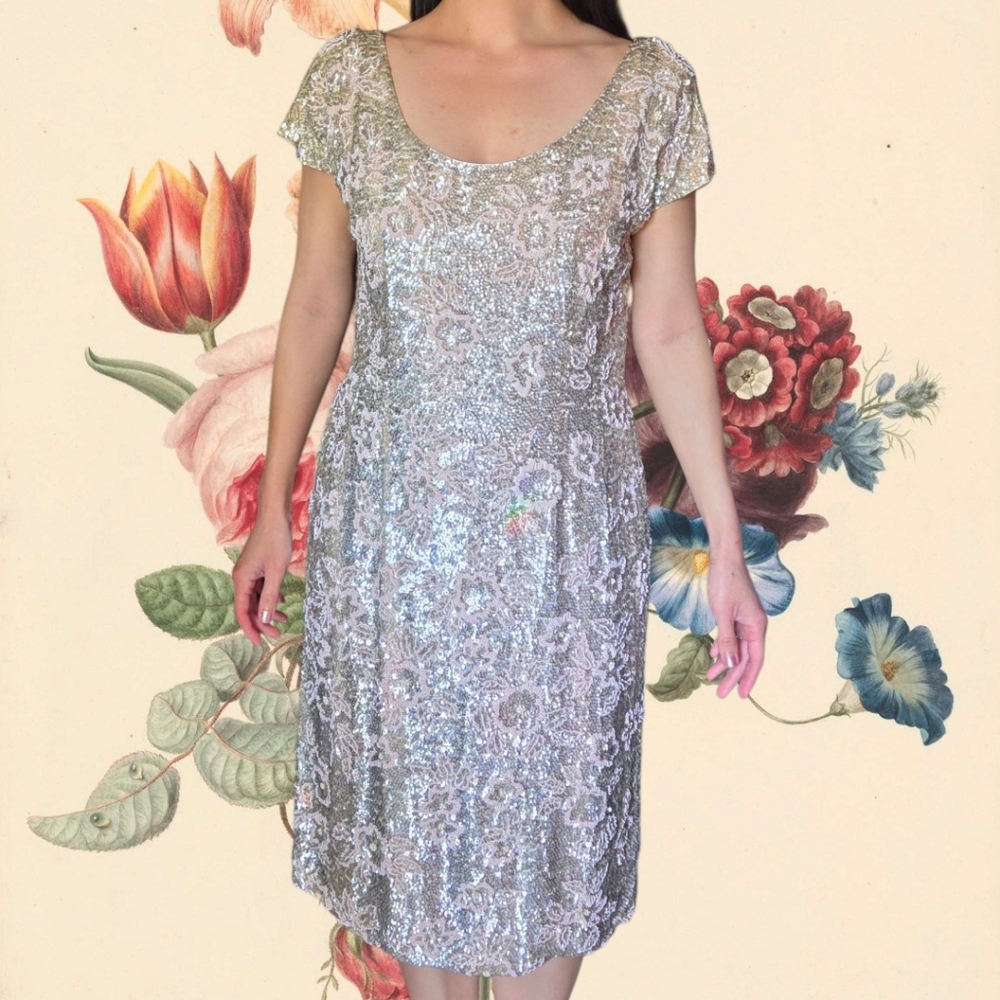 Vintage 1950's Heavily Beaded Sequin Bruce Arnold Wiggle Dress Large